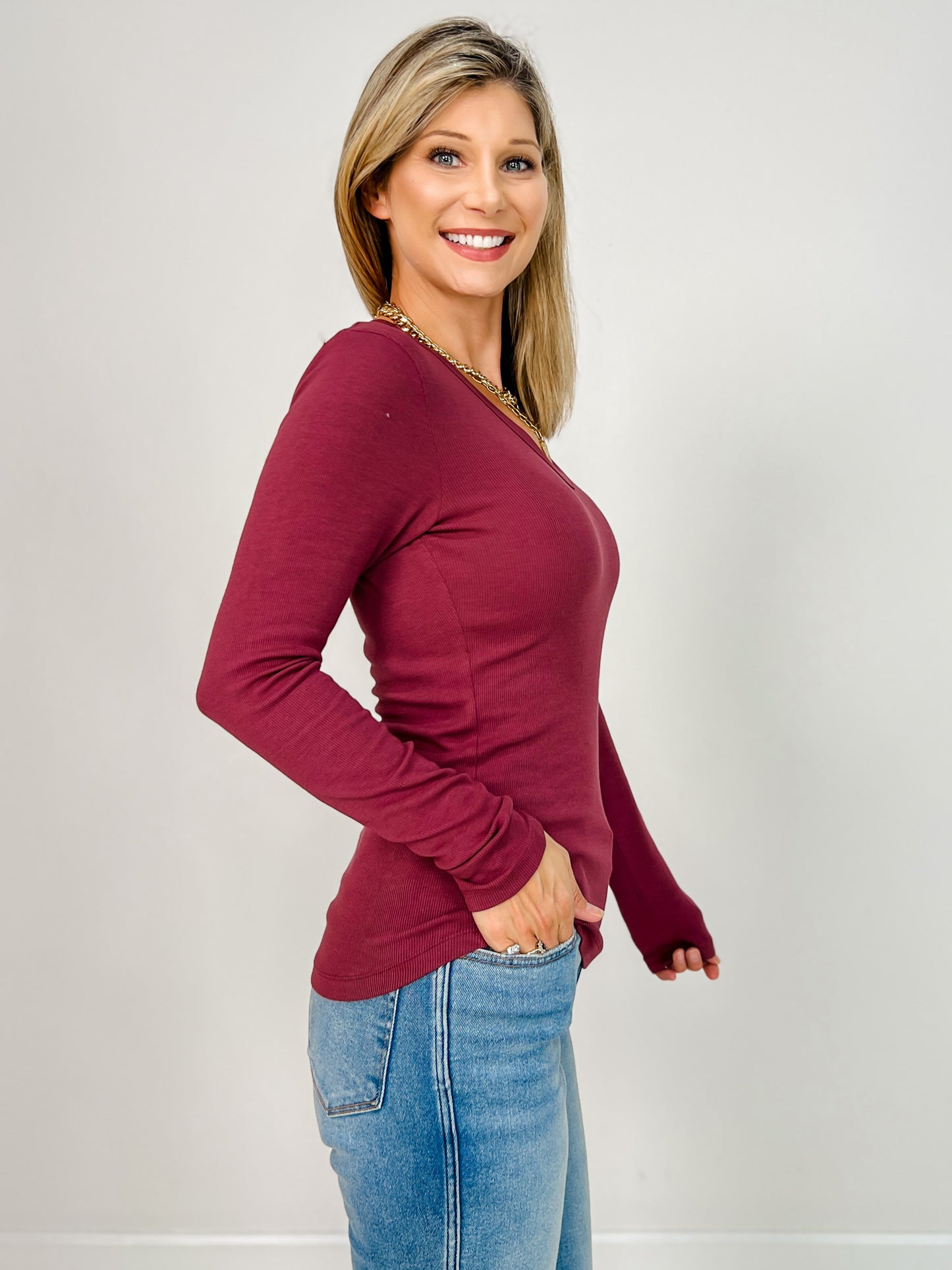 Long Sleeve Basic Ribbed V-Neck Top