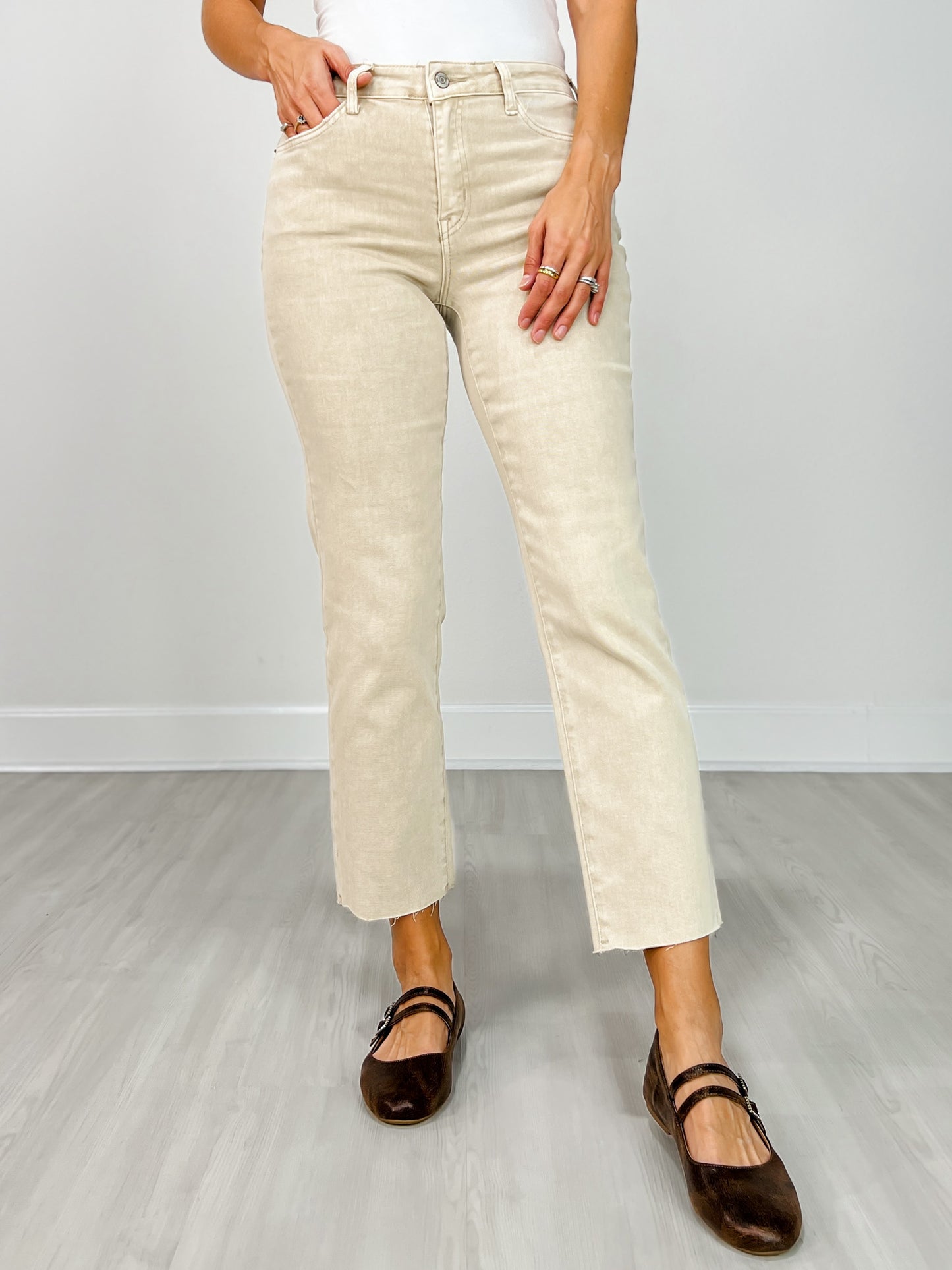 Acid Washed High Waist Cropped Straight Pants