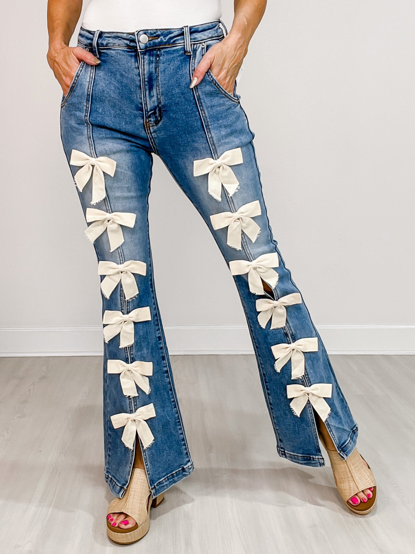 Ribbon Detail Stretchy Flared Jeans with Front Hem Slits