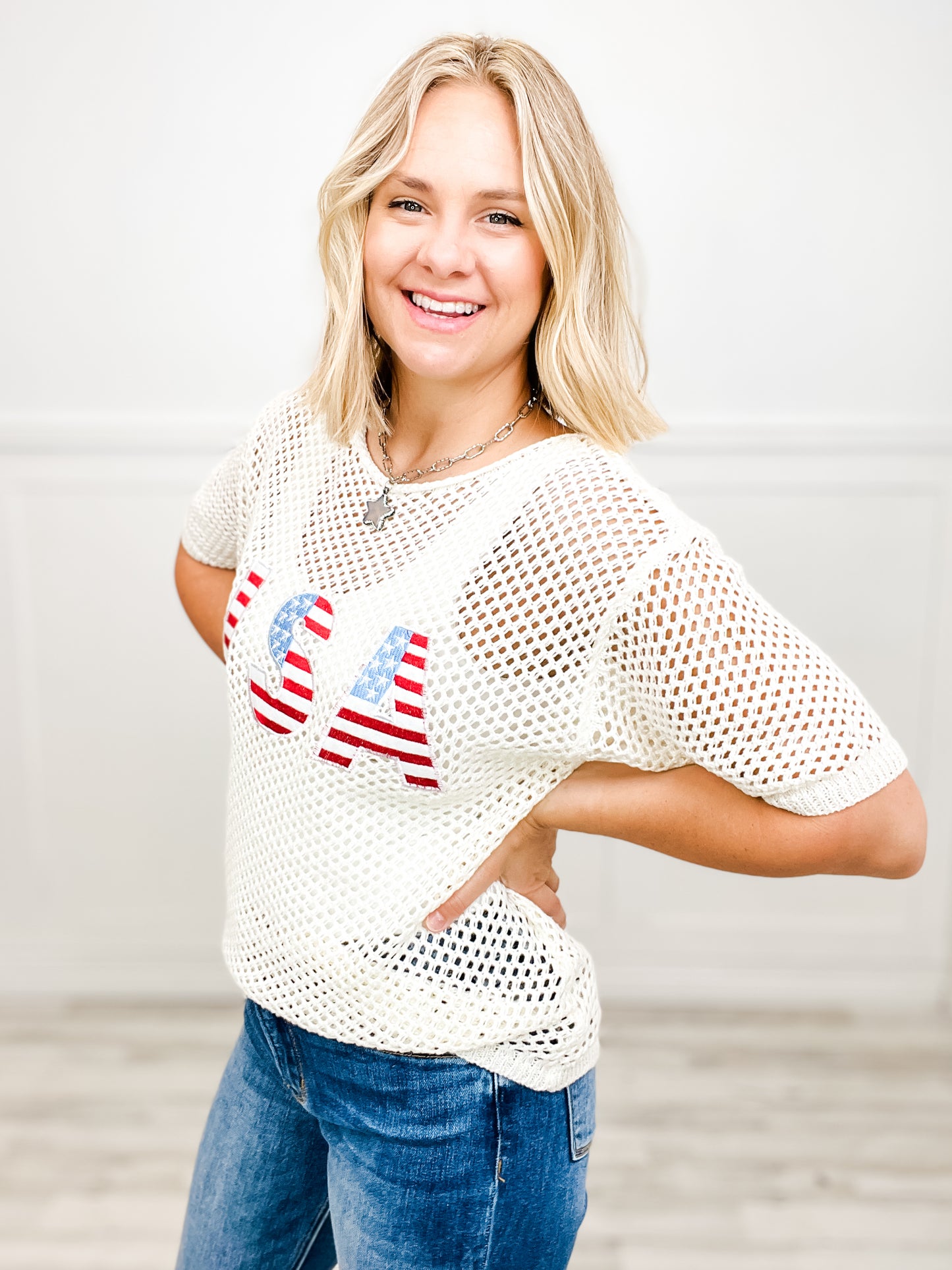 American Flag Theme USA Knit Cover Up Top