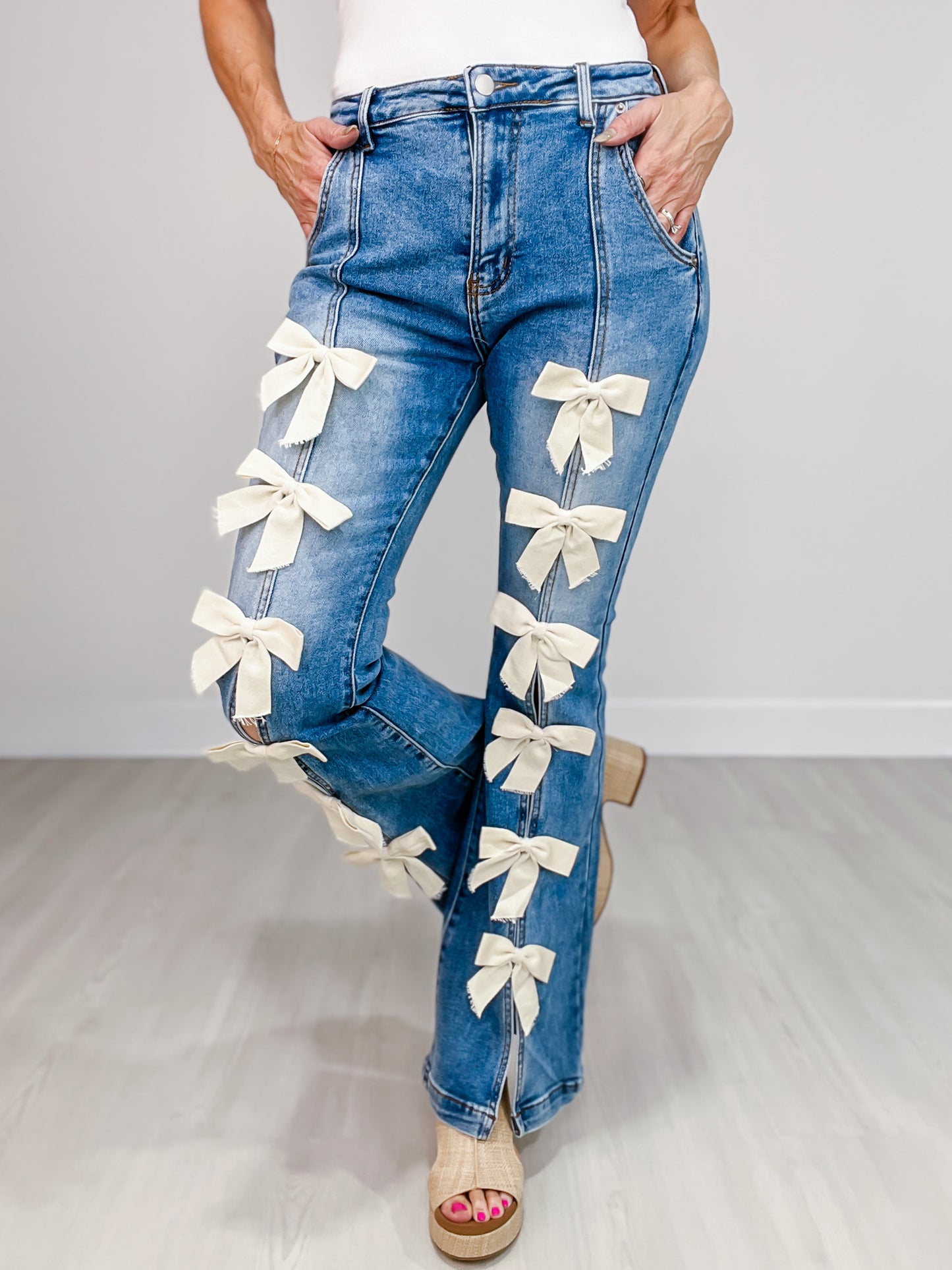 Ribbon Detail Stretchy Flared Jeans with Front Hem Slits