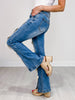 Ribbon Detail Stretchy Flared Jeans with Front Hem Slits
