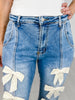 Ribbon Detail Stretchy Flared Jeans with Front Hem Slits