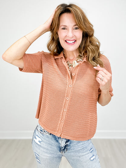 Boxy Crochet Button-Up Collared Sweater Top