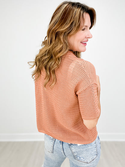 Boxy Crochet Button-Up Collared Sweater Top
