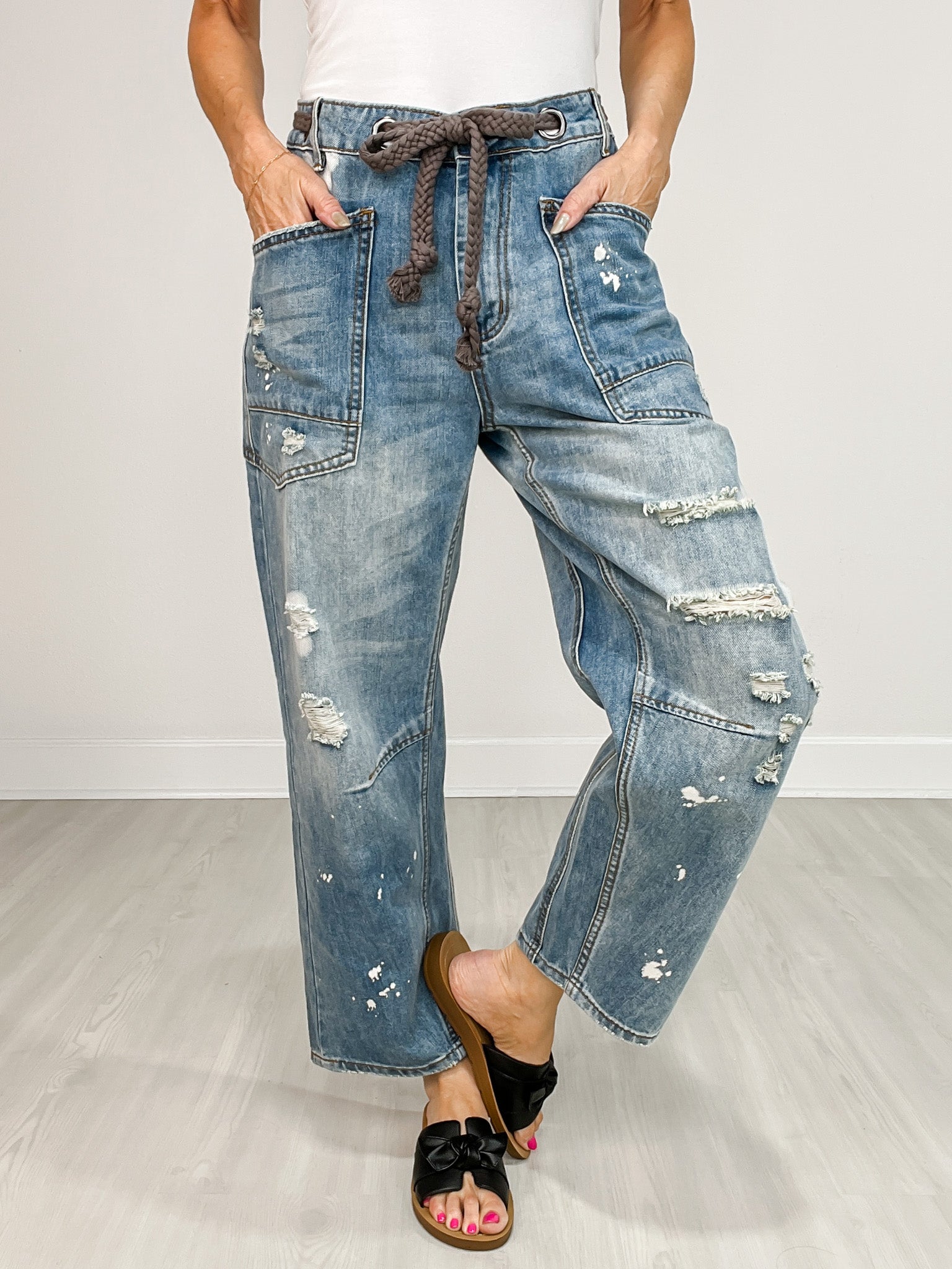 Washed Drawstring Waist Distressed Denim Jeans