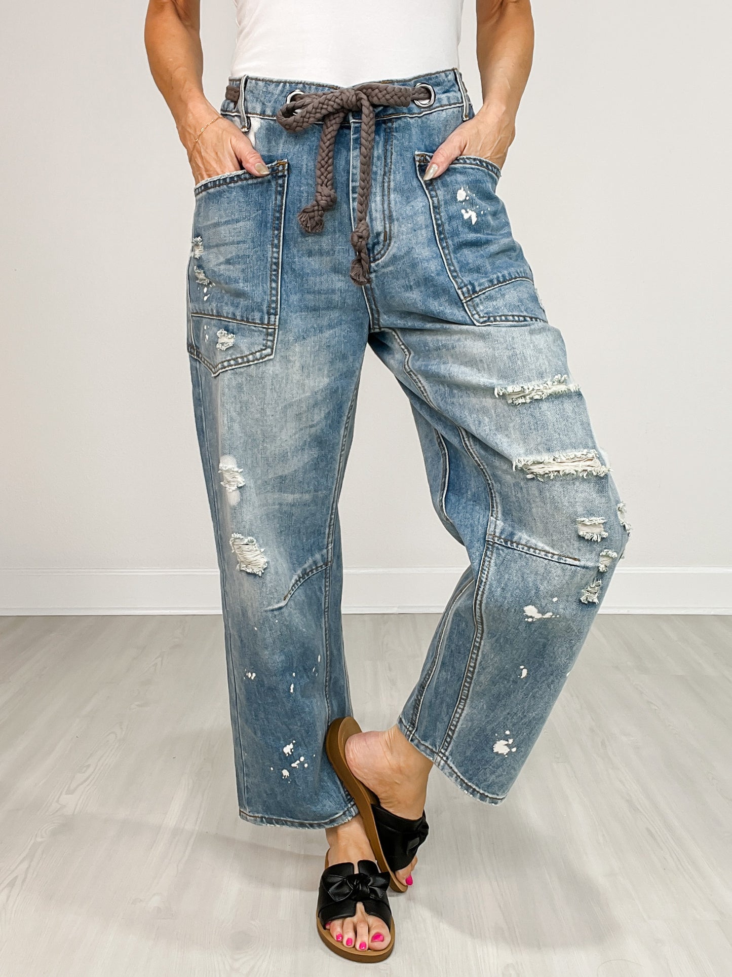 Washed Drawstring Waist Distressed Denim Jeans