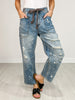 Washed Drawstring Waist Distressed Denim Jeans