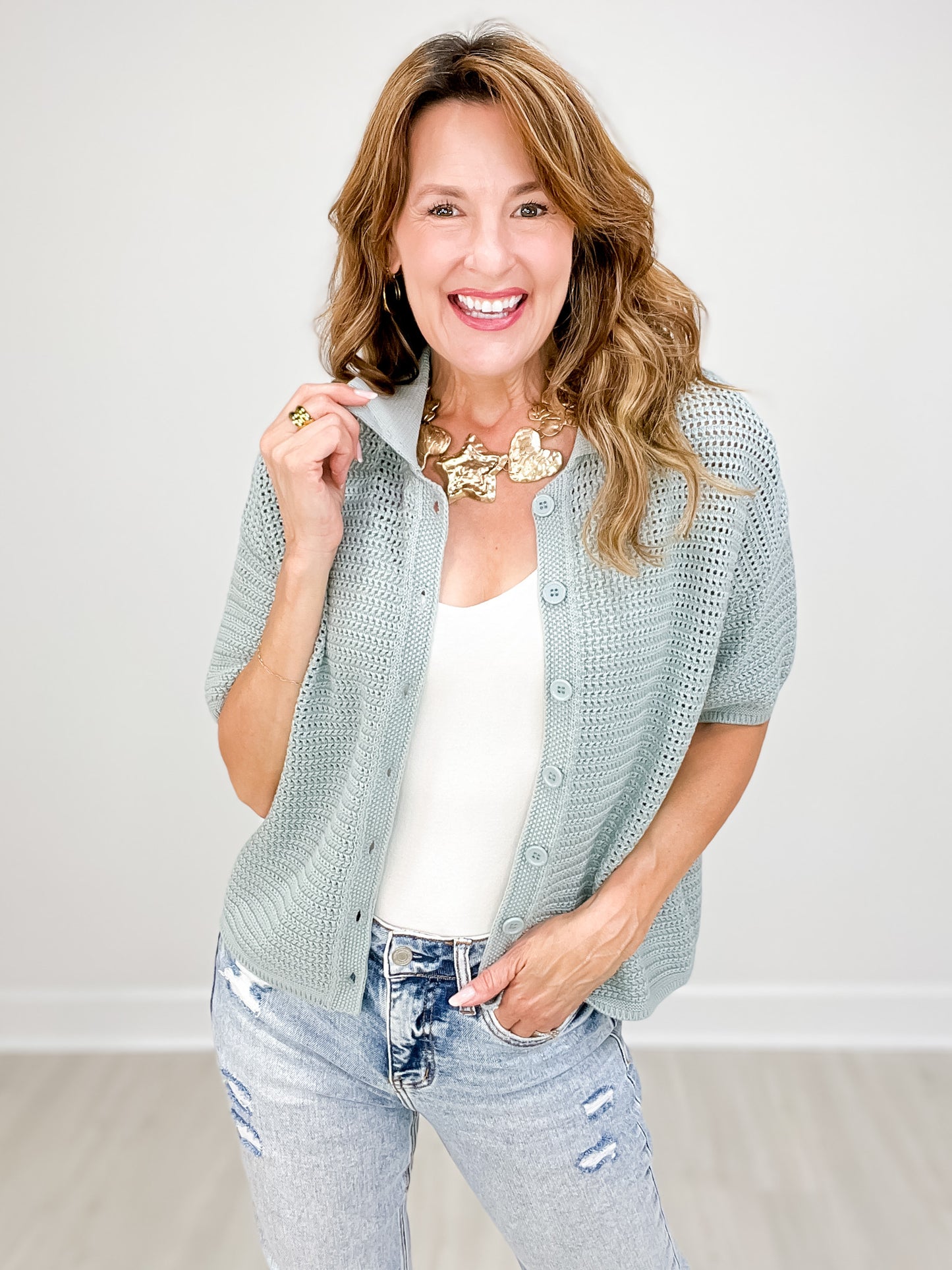 Boxy Crochet Button-Up Collared Sweater Top