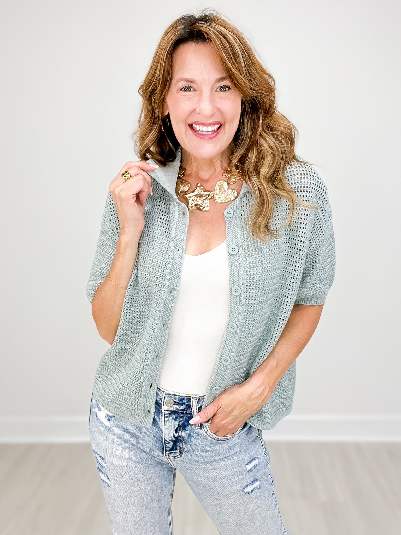 Boxy Crochet Button-Up Collared Sweater Top