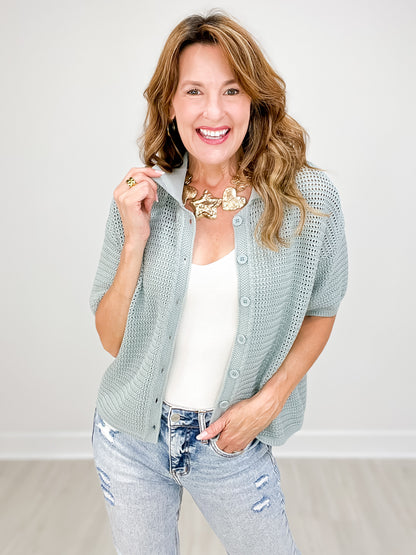 Boxy Crochet Button-Up Collared Sweater Top