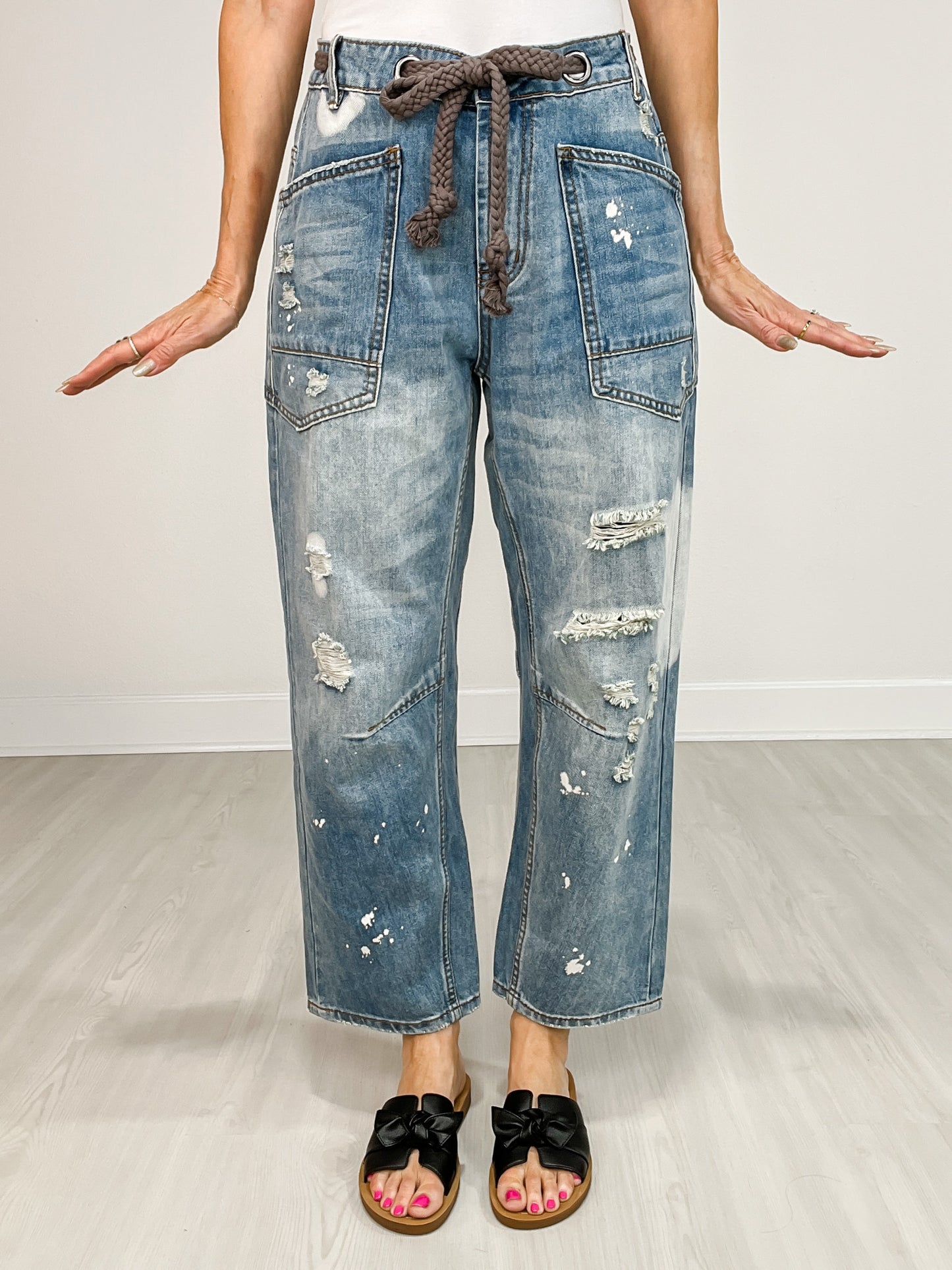 Washed Drawstring Waist Distressed Denim Jeans