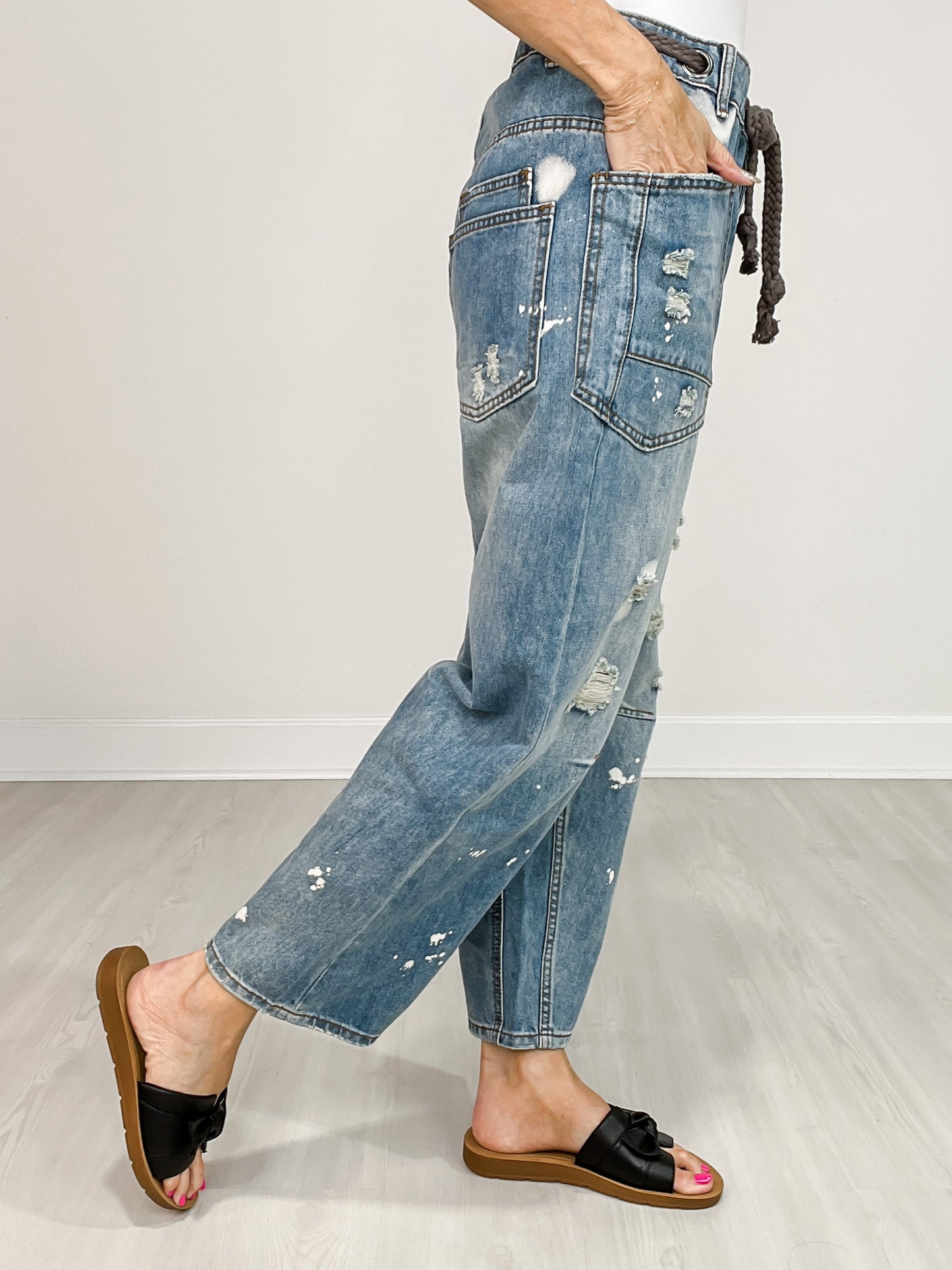 Washed Drawstring Waist Distressed Denim Jeans
