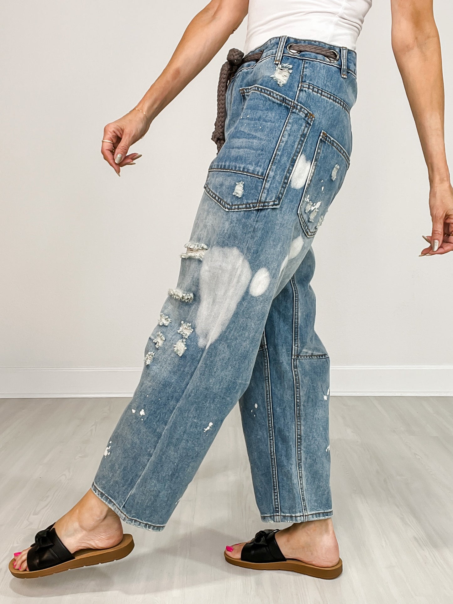 Washed Drawstring Waist Distressed Denim Jeans