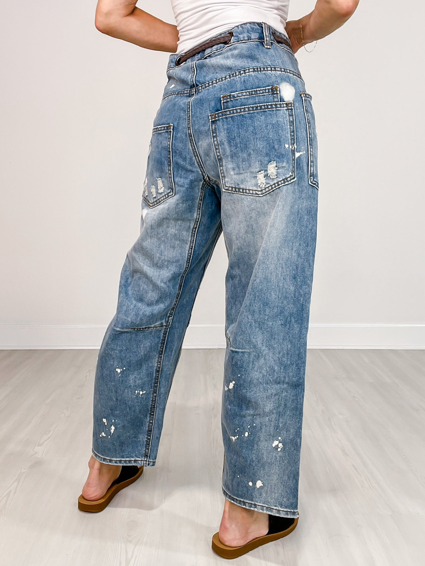 Washed Drawstring Waist Distressed Denim Jeans