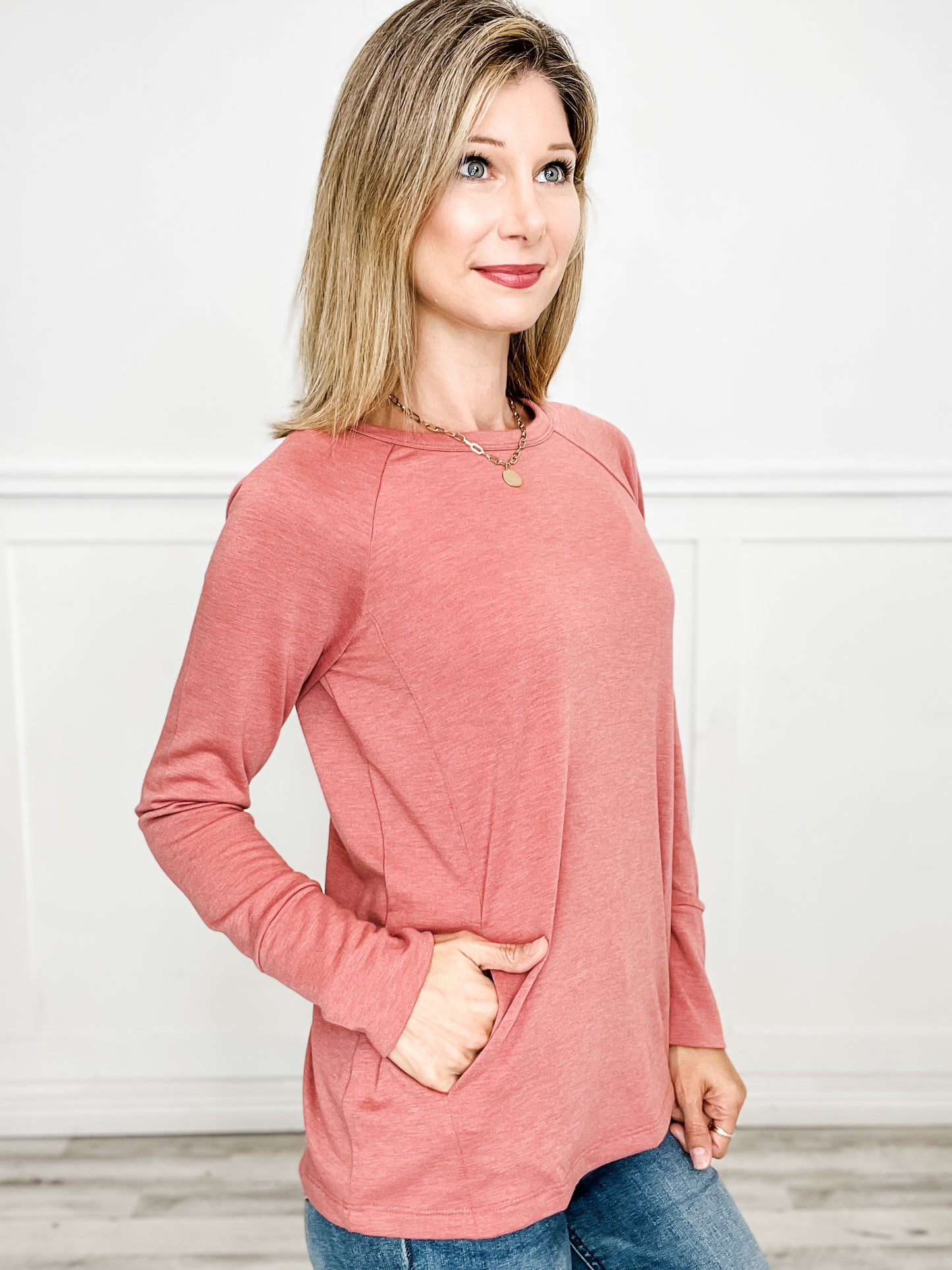 Wide Neck Raglan Long Sleeve Solid Terry Pullover Top with Side Pockets