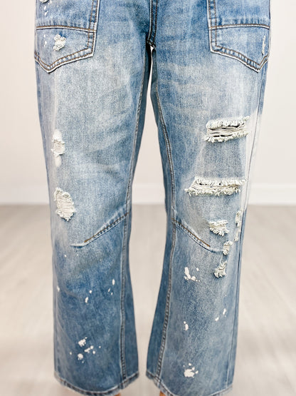 Washed Drawstring Waist Distressed Denim Jeans