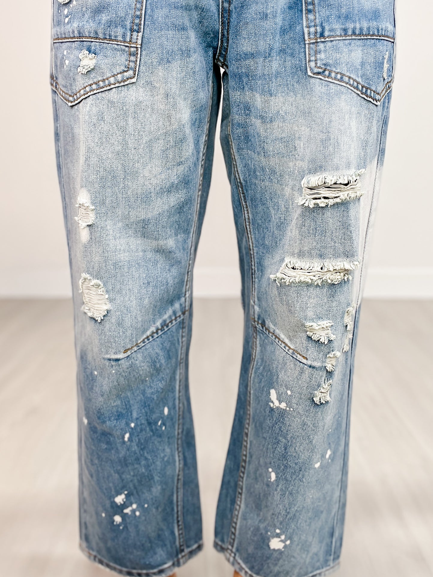 Washed Drawstring Waist Distressed Denim Jeans