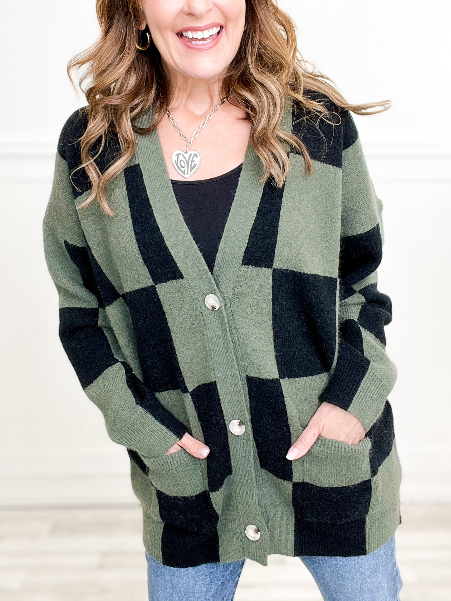 Checkered Pattern Button Down Knit Cardigan Sweater