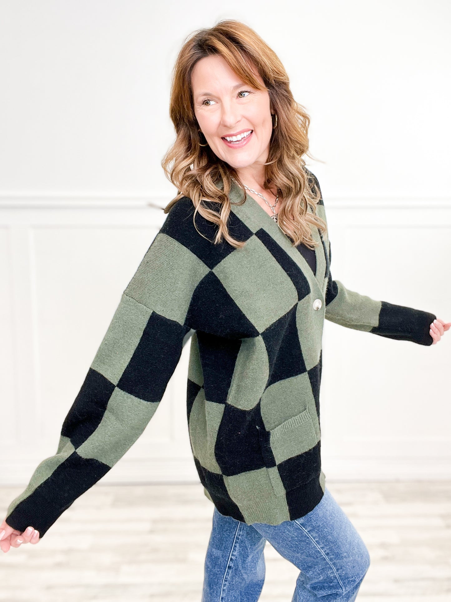 Checkered Pattern Button Down Knit Cardigan Sweater