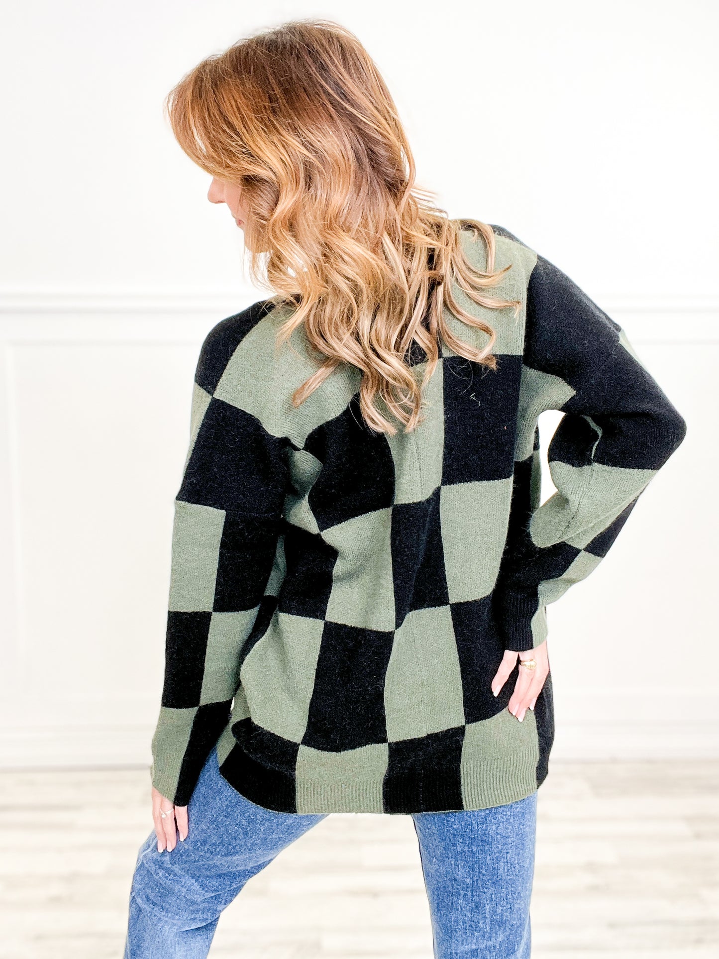 Checkered Pattern Button Down Knit Cardigan Sweater