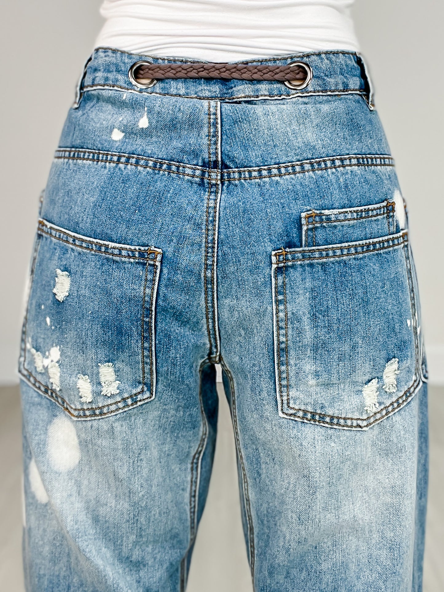 Washed Drawstring Waist Distressed Denim Jeans