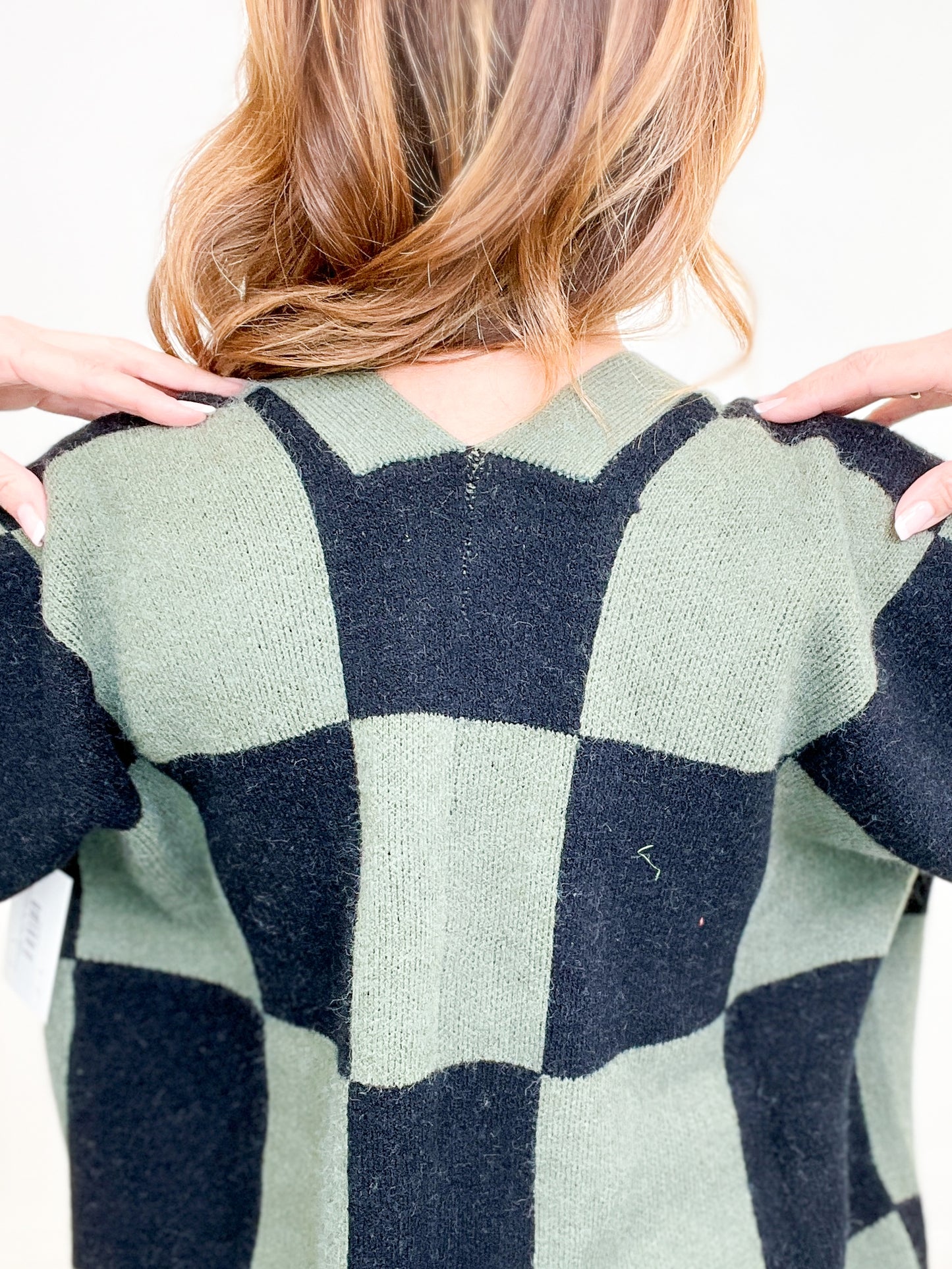 Checkered Pattern Button Down Knit Cardigan Sweater