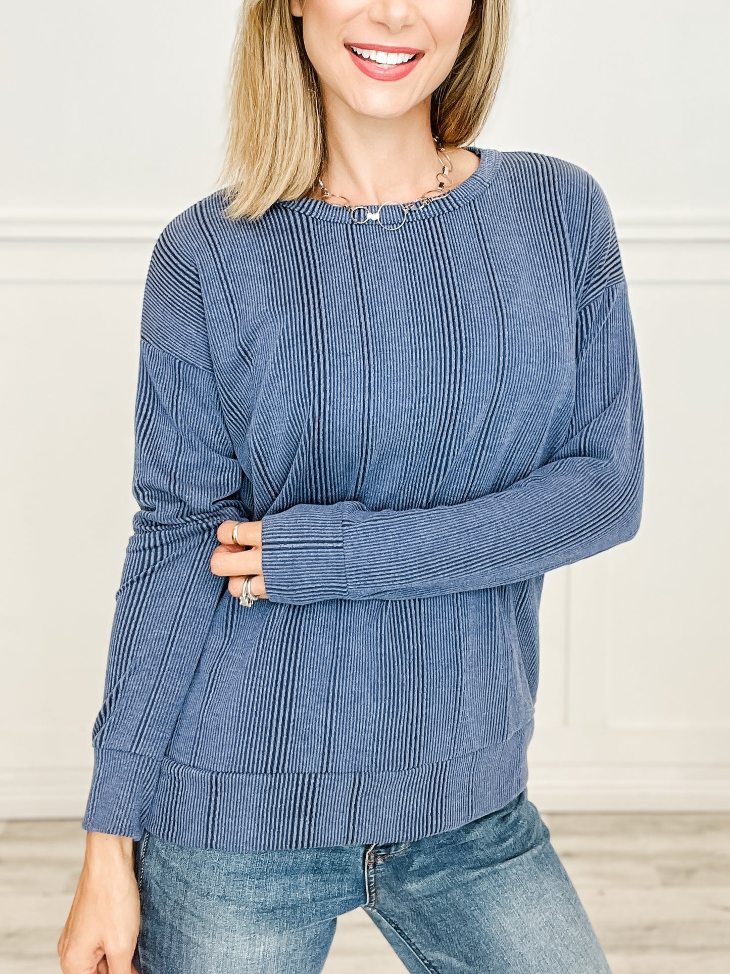 Crew Neck Long Sleeve Variegated Textured Knit Top