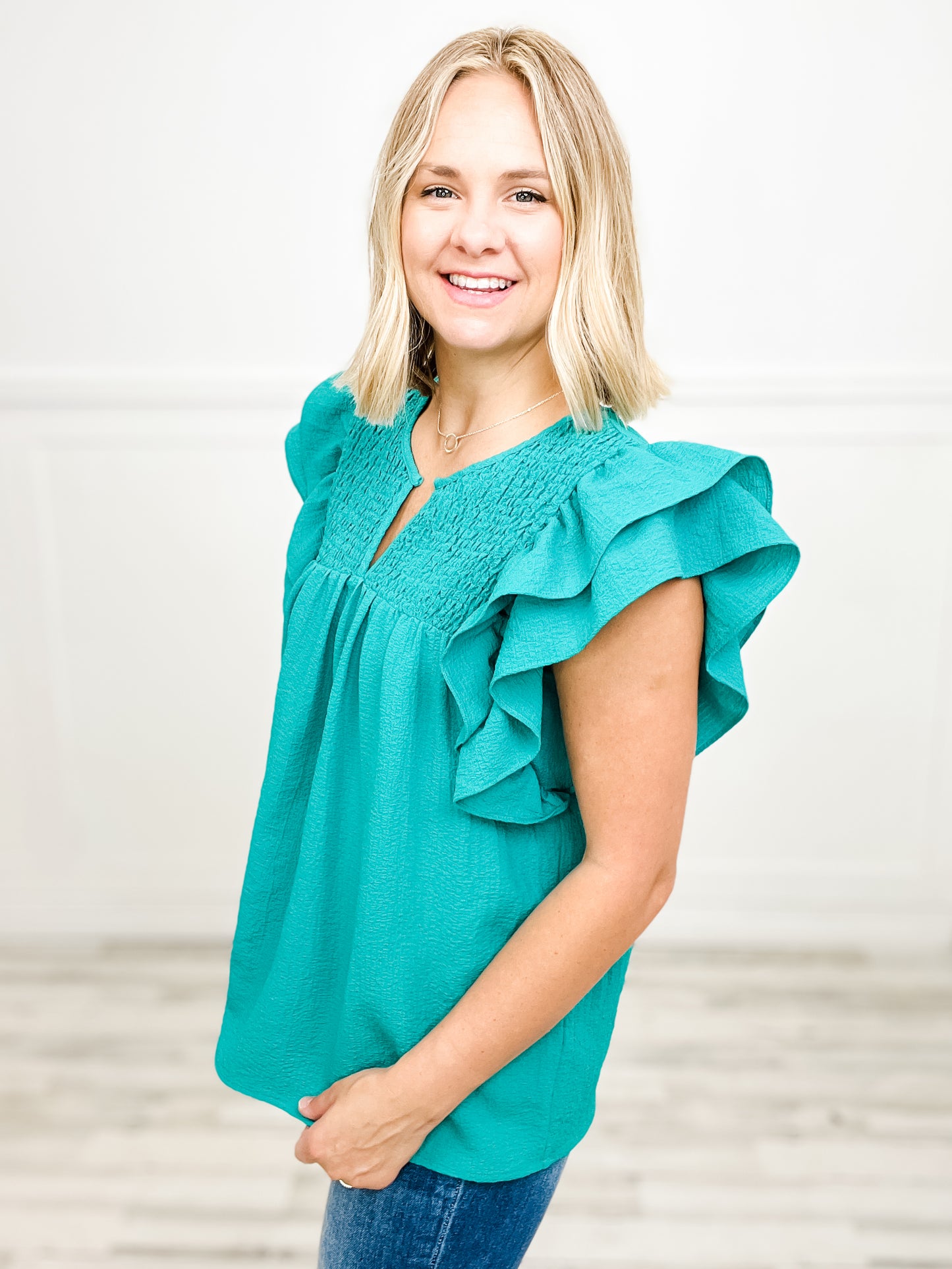 Shirred Simplicity Bodice Layered Ruffle Sleeve Top
