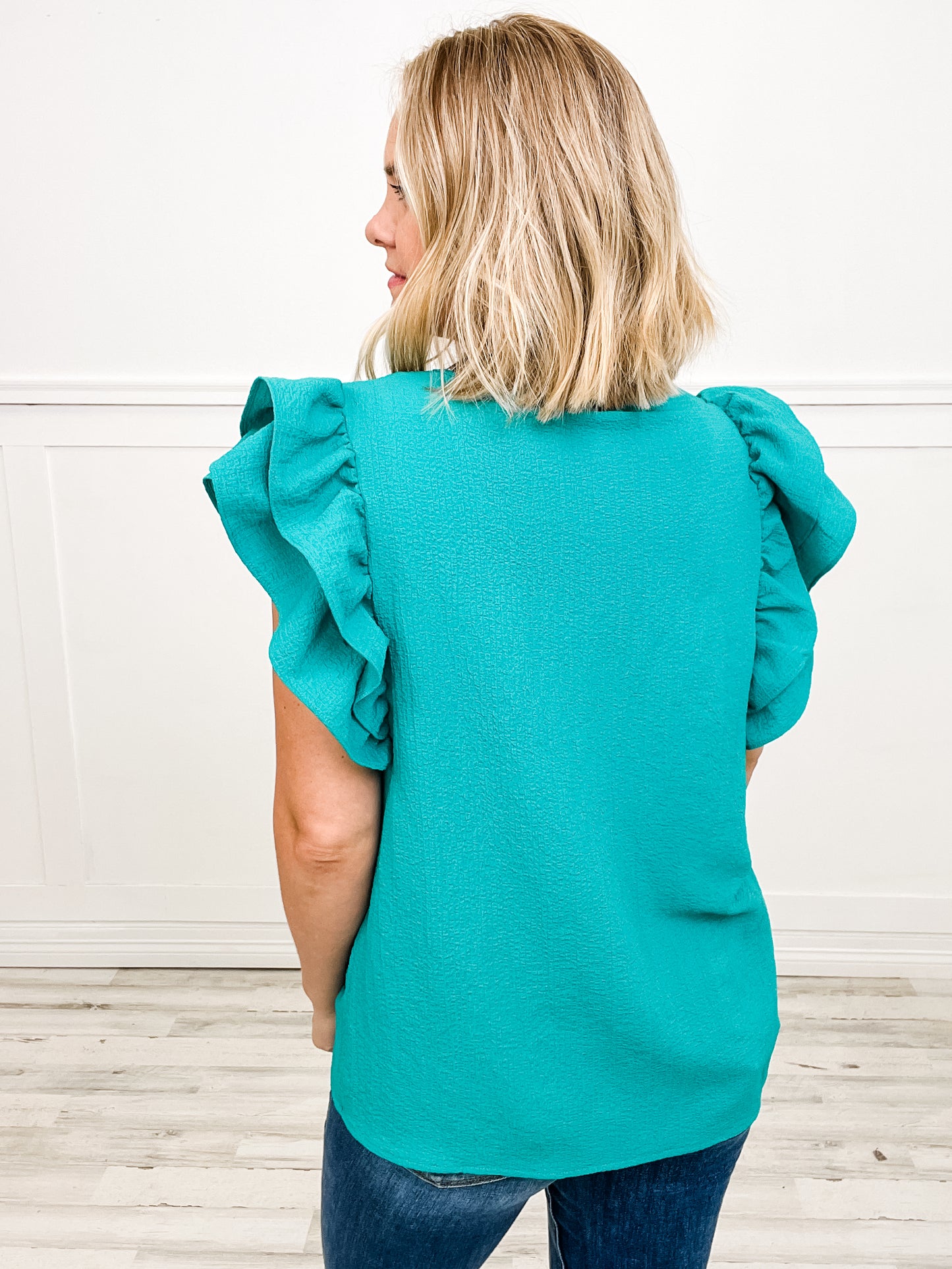 Shirred Simplicity Bodice Layered Ruffle Sleeve Top