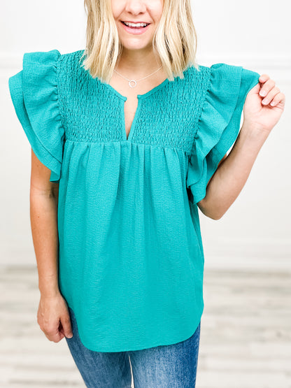 Shirred Simplicity Bodice Layered Ruffle Sleeve Top