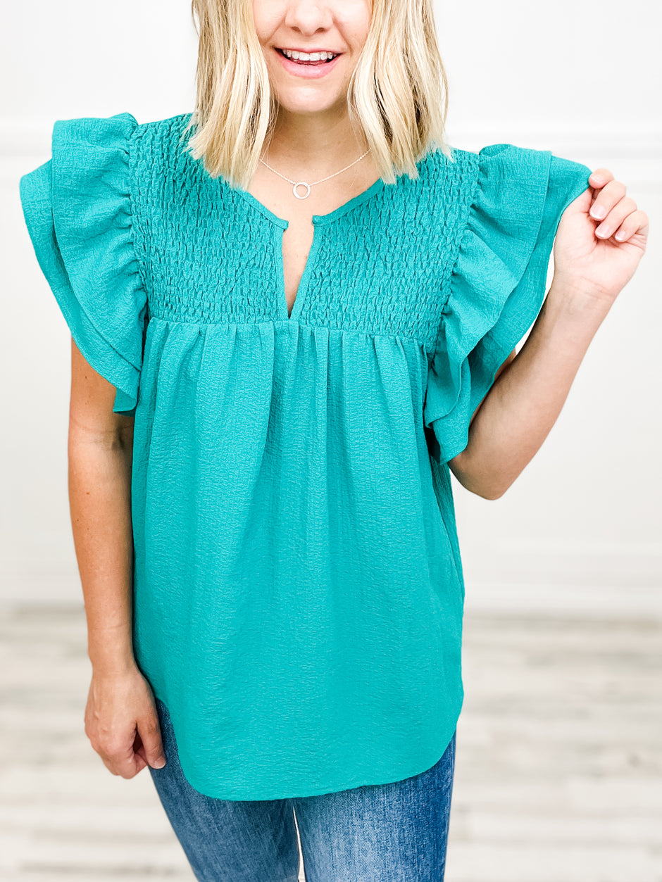 Shirred Simplicity Bodice Layered Ruffle Sleeve Top