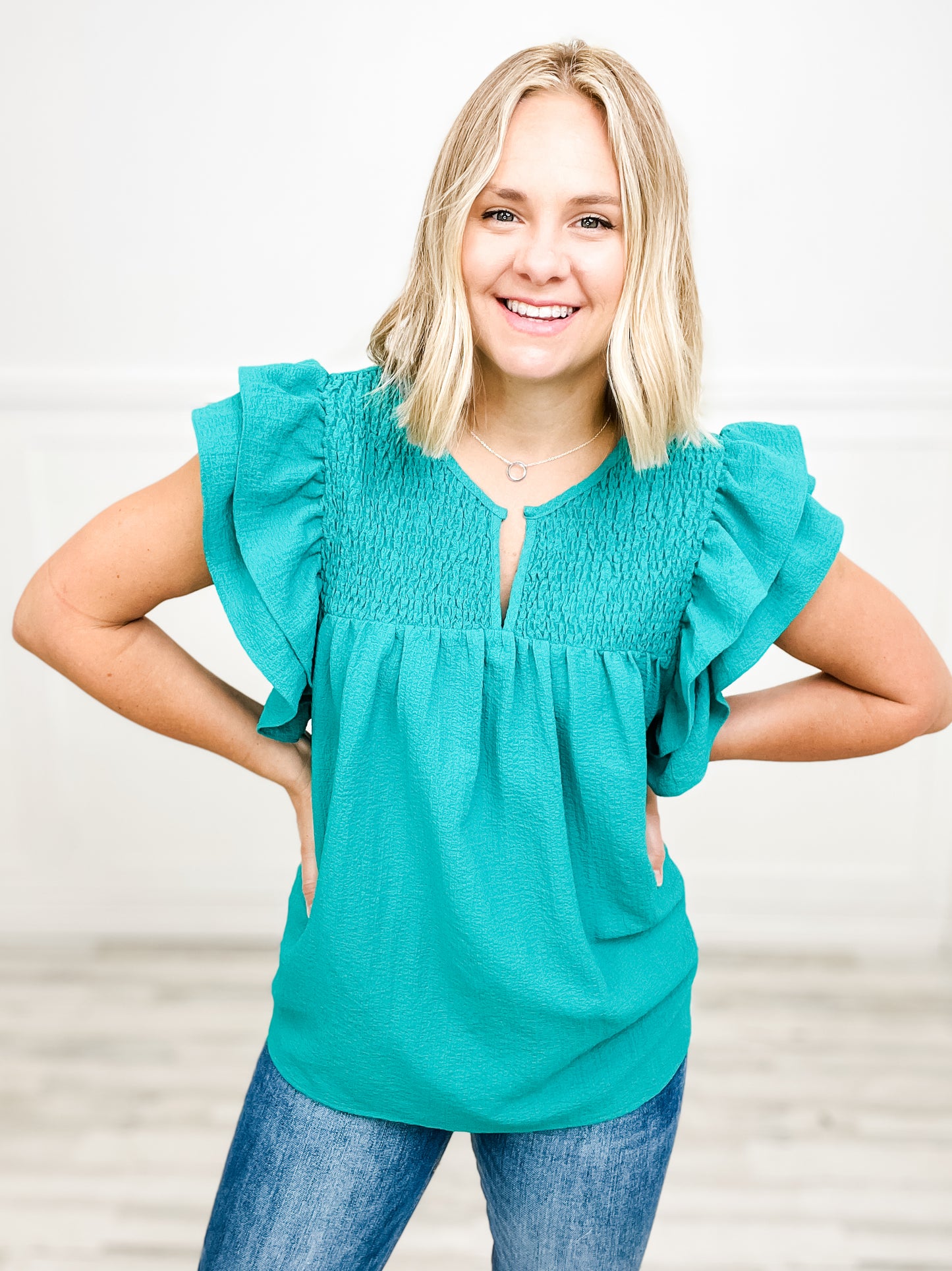 Shirred Simplicity Bodice Layered Ruffle Sleeve Top