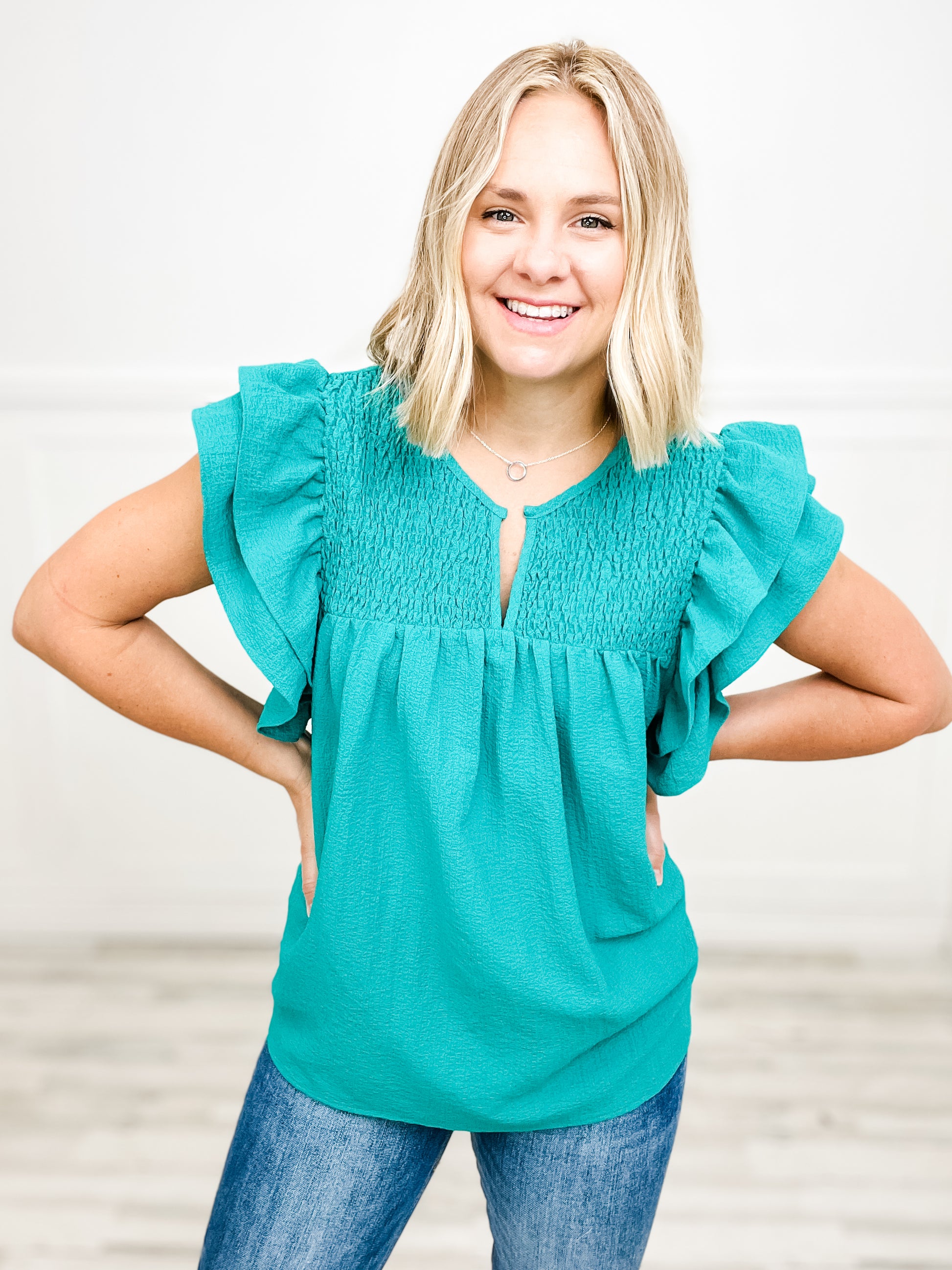 Shirred Simplicity Bodice Layered Ruffle Sleeve Top