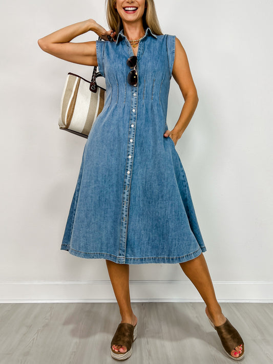 Button Up Midi Denim Shirt Dress with Side Pockets