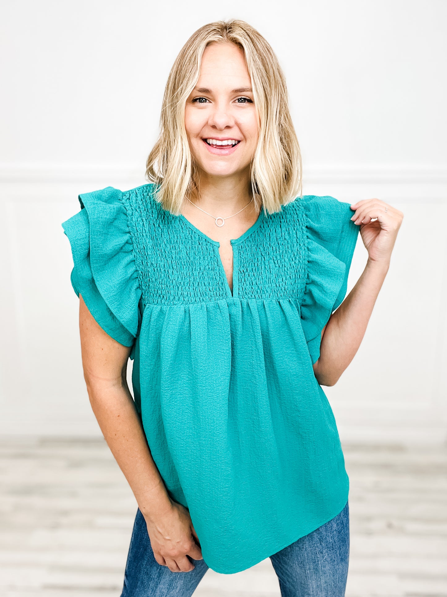 Shirred Simplicity Bodice Layered Ruffle Sleeve Top