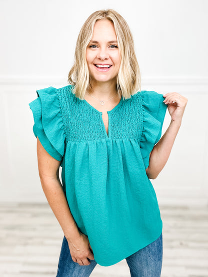 Shirred Simplicity Bodice Layered Ruffle Sleeve Top