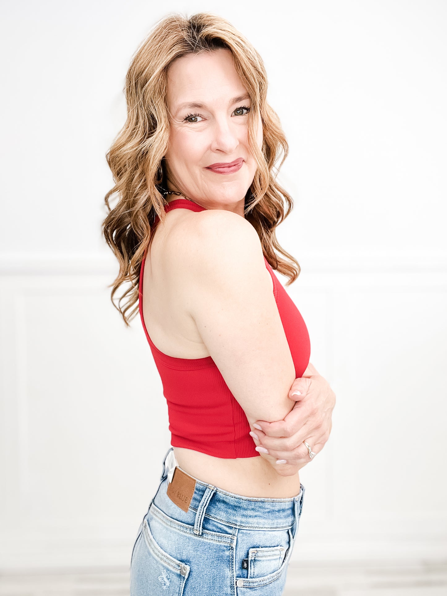 Nylon Rib Cropped Halter Tank Top - Group A