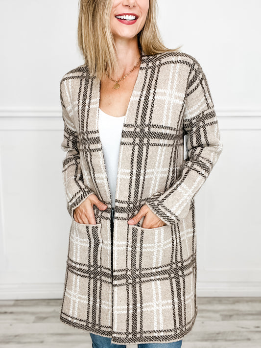 Checked Jacquard Long Sleeve Open Front Cardigan Coat