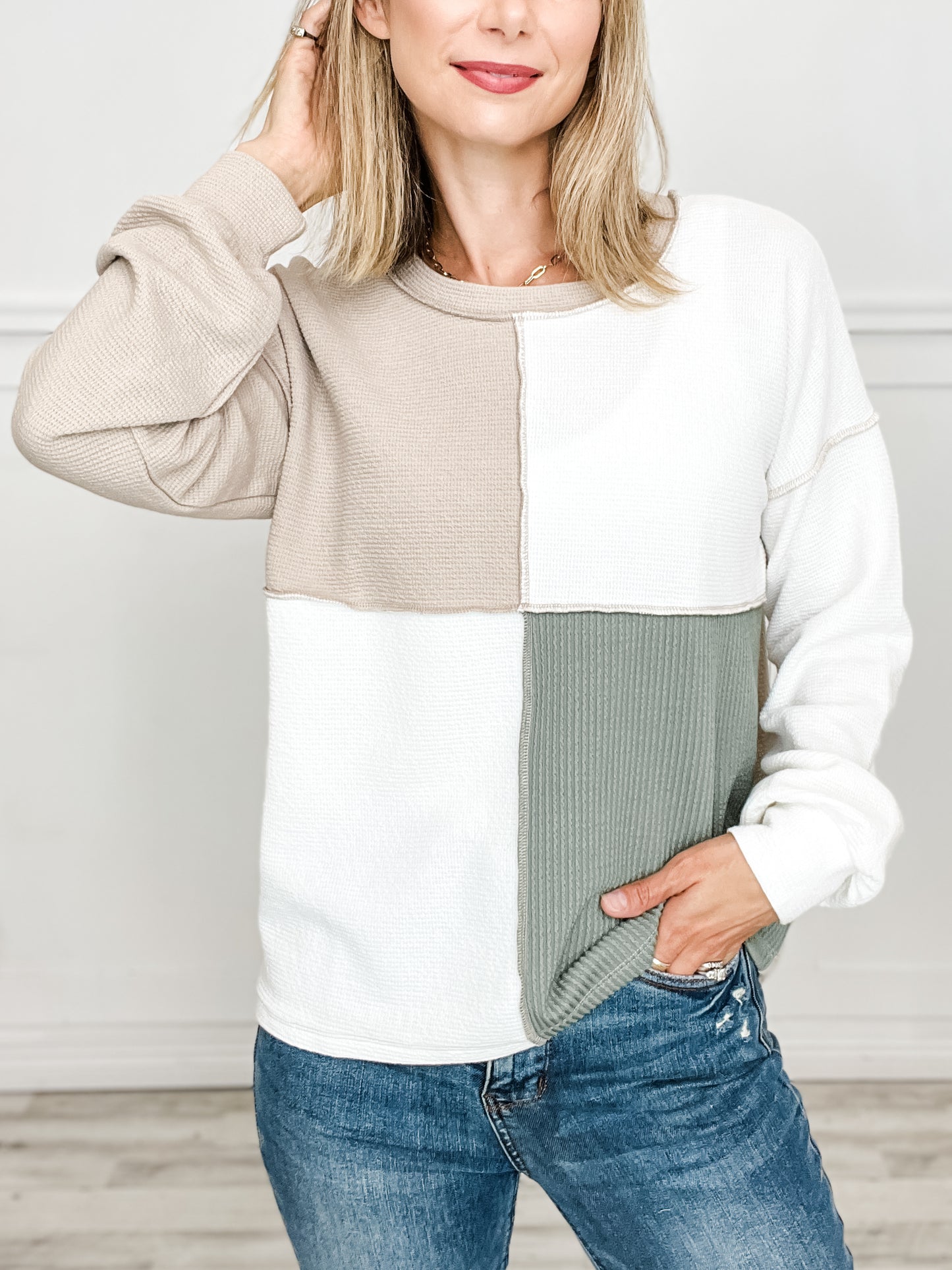 Outseamed Long Sleeve Crew Neck Color Block Textured Knit Top