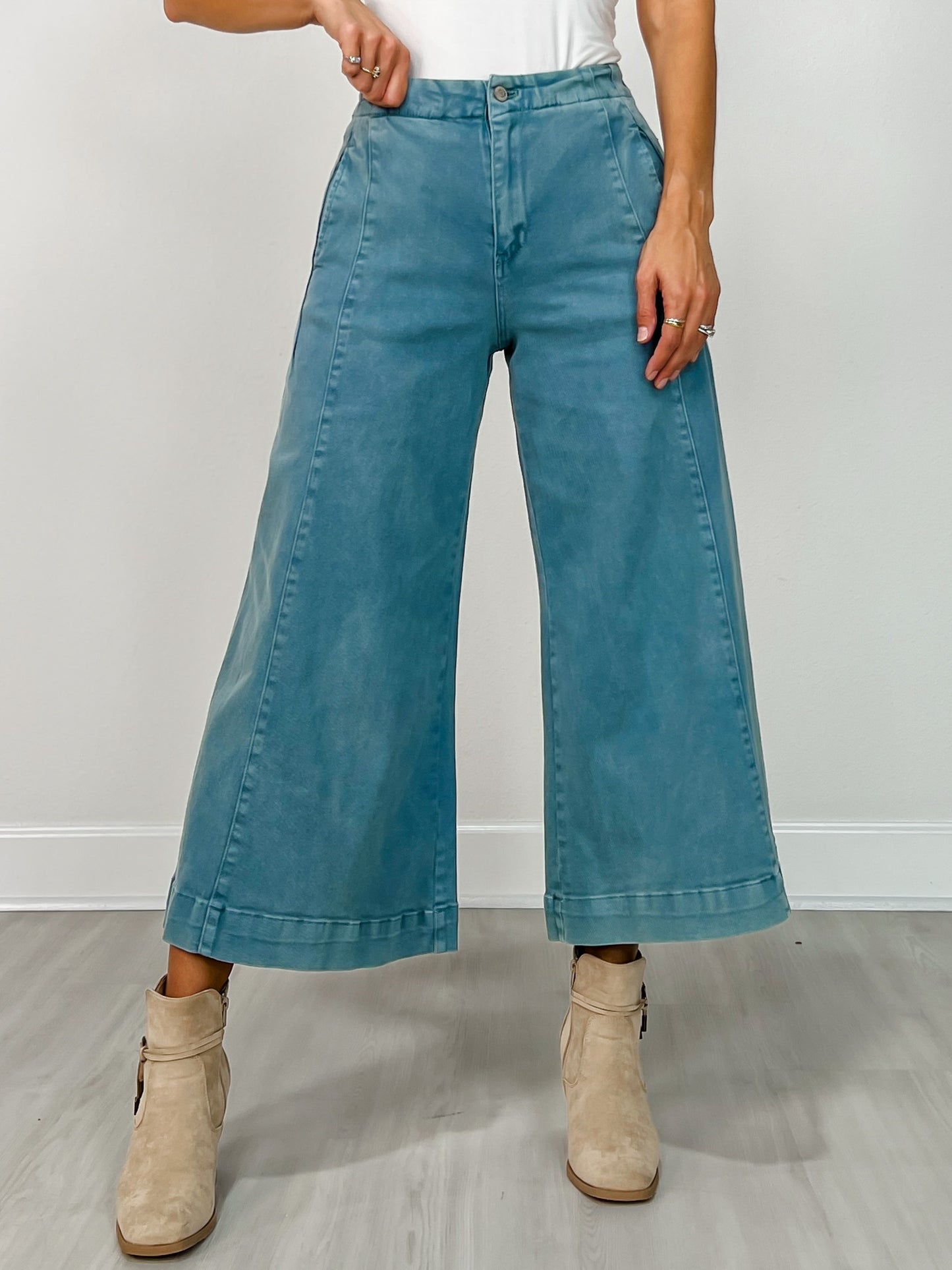High Rise Cropped Gaucho Denim in Teal