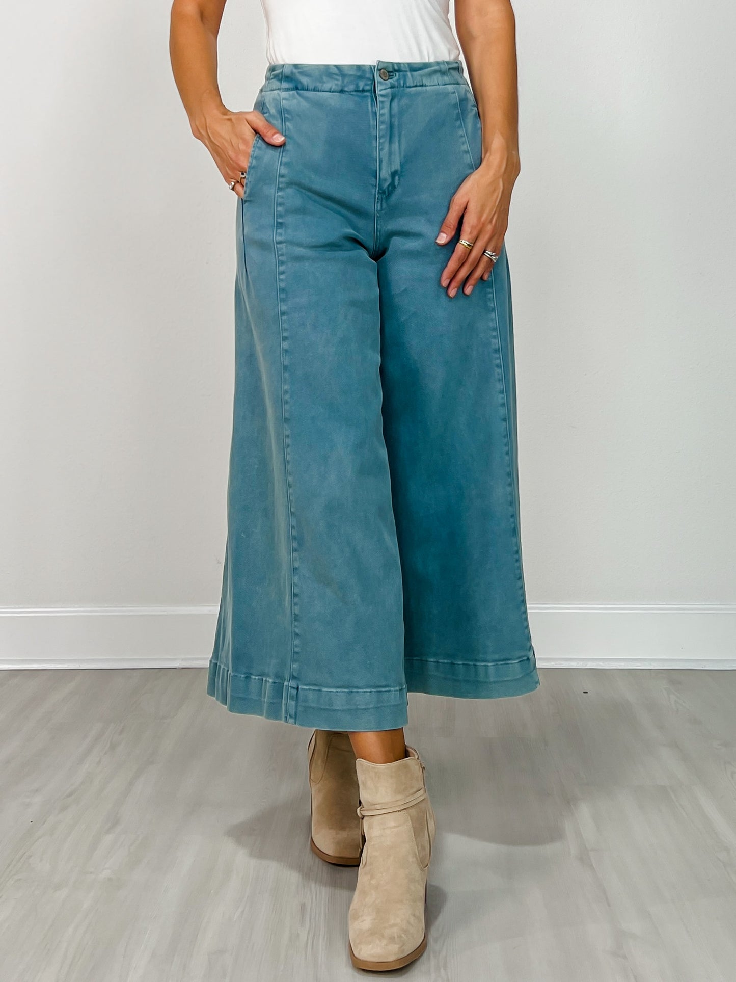 High Rise Cropped Gaucho Denim in Teal