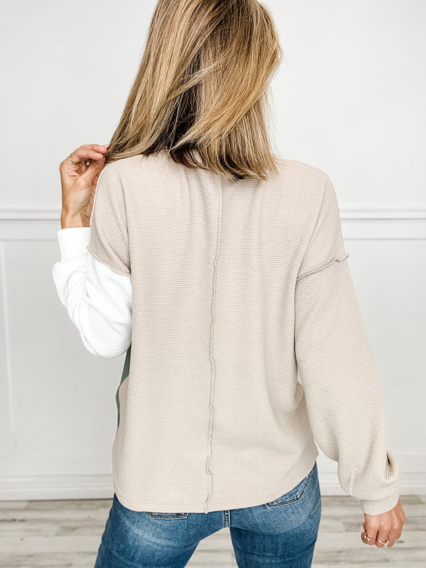 Outseamed Long Sleeve Crew Neck Color Block Textured Knit Top