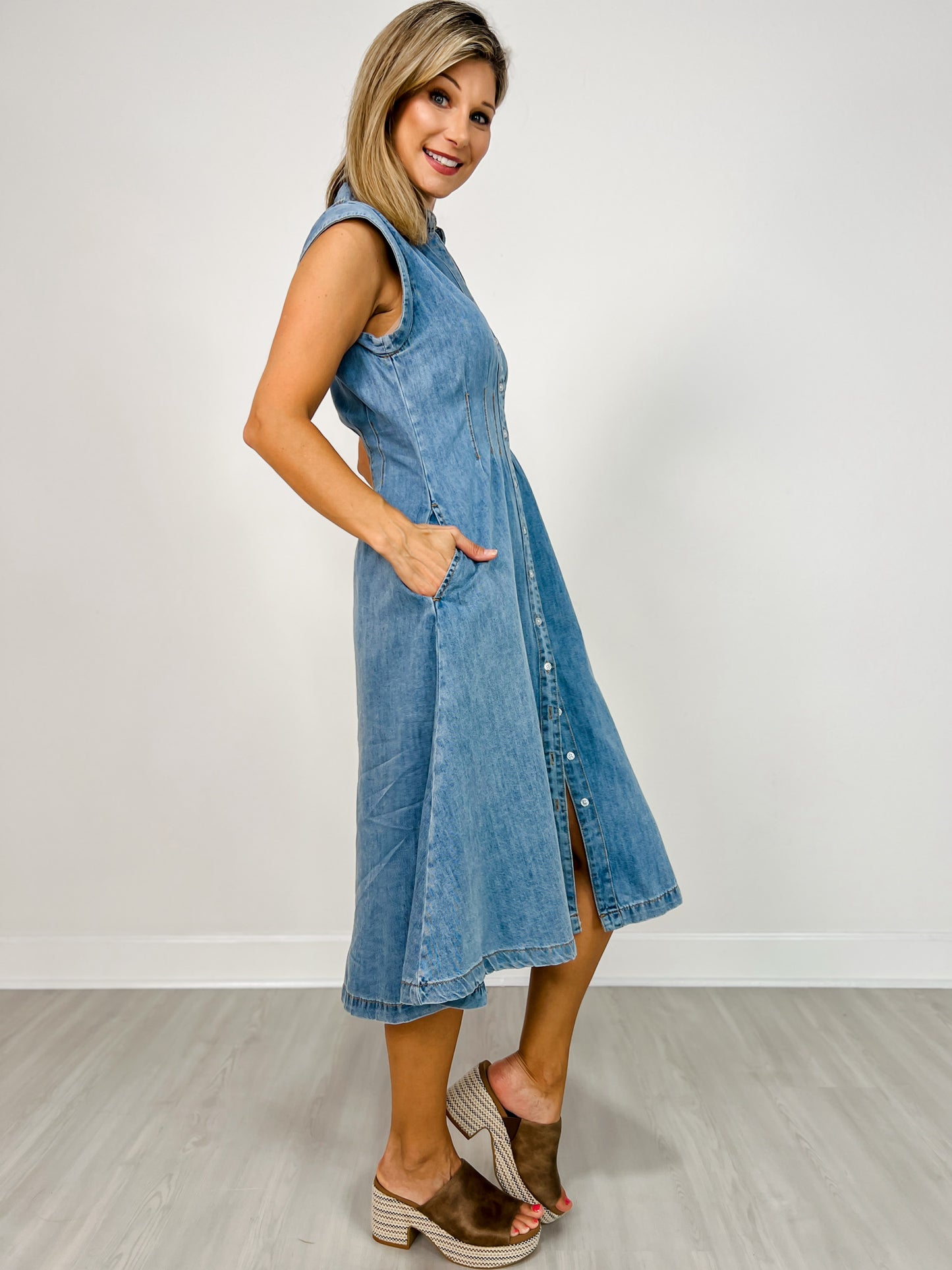 Button Up Midi Denim Shirt Dress with Side Pockets