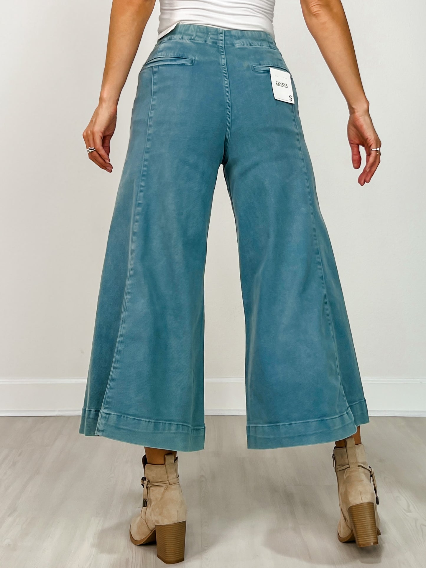 High Rise Cropped Gaucho Denim in Teal