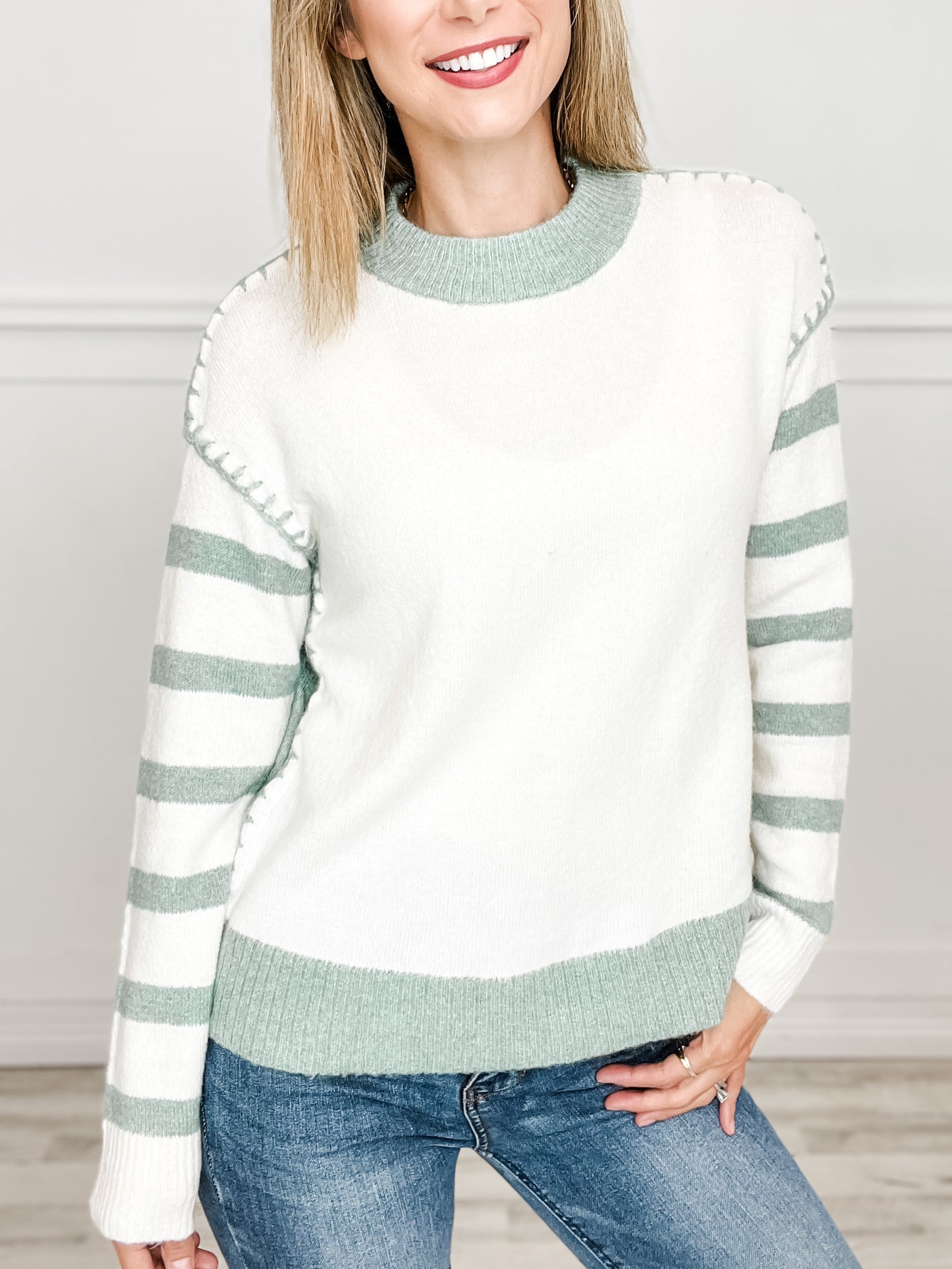 Blanket Stitch Detail Striped Sleeve Crew Neck Pullover Sweater