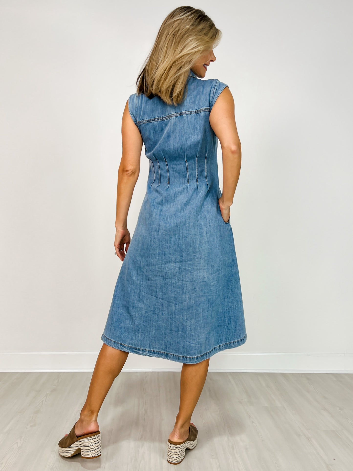 Button Up Midi Denim Shirt Dress with Side Pockets