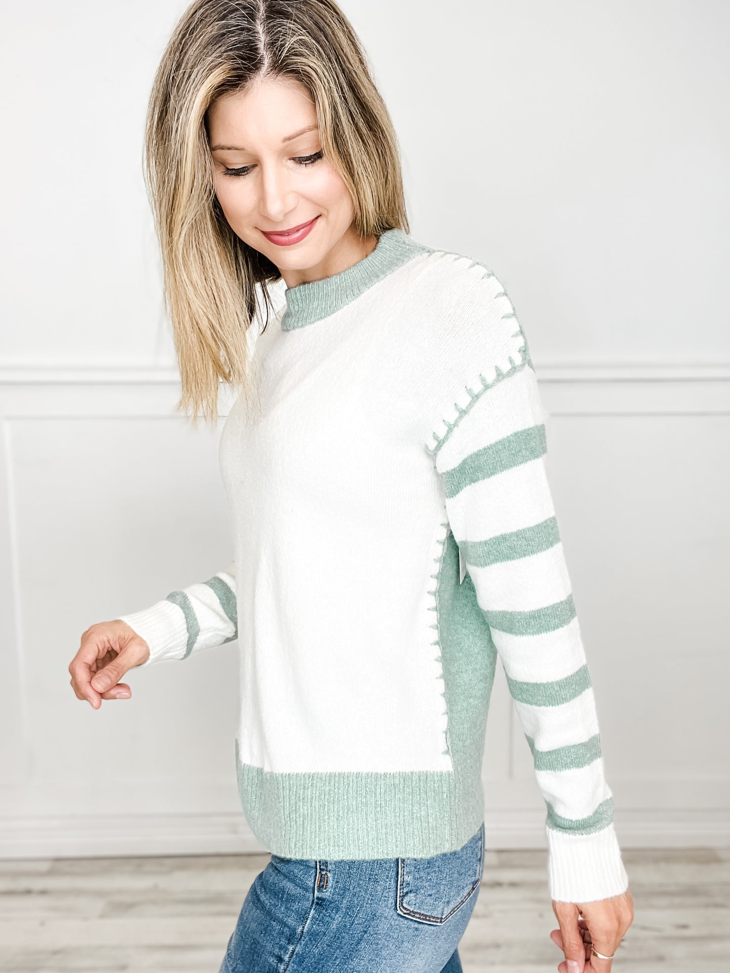 Blanket Stitch Detail Striped Sleeve Crew Neck Pullover Sweater