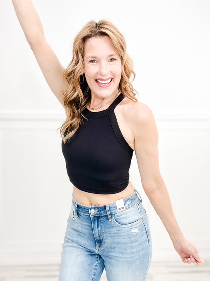 Nylon Rib Cropped Halter Tank Top - Group C