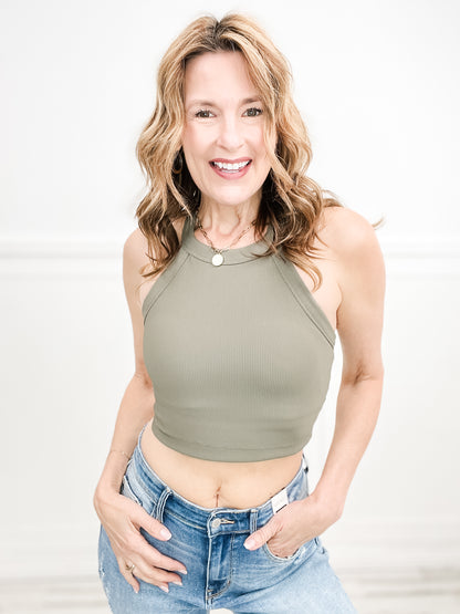 Nylon Rib Cropped Halter Tank Top - Group C